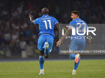 Romelu Lukaku of SSC Napoli celebrates with team mates after scoring during the Serie A match between SSC Napoli and Parma Calcio at Stadio...