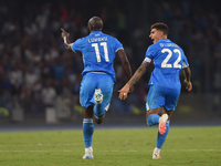 Romelu Lukaku of SSC Napoli celebrates with team mates after scoring during the Serie A match between SSC Napoli and Parma Calcio at Stadio...