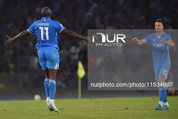 Romelu Lukaku of SSC Napoli celebrates with team mates after scoring during the Serie A match between SSC Napoli and Parma Calcio at Stadio...