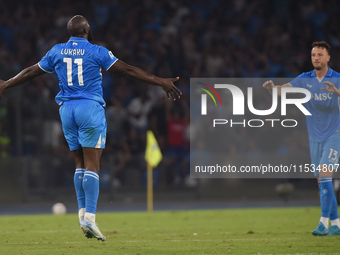 Romelu Lukaku of SSC Napoli celebrates with team mates after scoring during the Serie A match between SSC Napoli and Parma Calcio at Stadio...