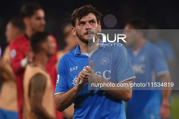 Khvicha Kvaratskhelia of SSC Napoli applauds fans at the end of the Serie A match between SSC Napoli and Parma Calcio at Stadio Diego Armand...