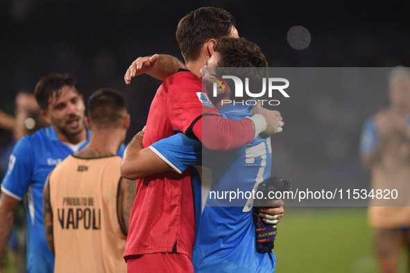 Khvicha Kvaratskhelia and Alex Meret of SSC Napoli celebrate at the end of the Serie A match between SSC Napoli and Parma Calcio at Stadio D...