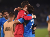 Khvicha Kvaratskhelia and Alex Meret of SSC Napoli celebrate at the end of the Serie A match between SSC Napoli and Parma Calcio at Stadio D...