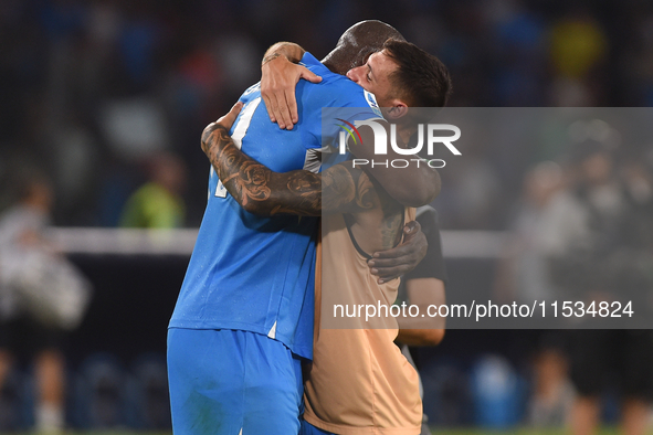 Romelu Lukaku and Matteo Politano of SSC Napoli celebrate at the end of the Serie A match between SSC Napoli and Parma Calcio at Stadio Dieg...