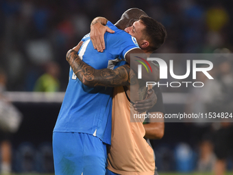 Romelu Lukaku and Matteo Politano of SSC Napoli celebrate at the end of the Serie A match between SSC Napoli and Parma Calcio at Stadio Dieg...