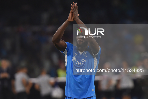 Romelu Lukaku of SSC Napoli applauds fans at the end of the Serie A match between SSC Napoli and Parma Calcio at Stadio Diego Armando Marado...