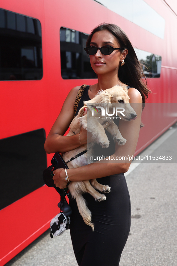 Alexandra Saint Mleux with dog Leo before the Formula 1 Italian Grand Prix at Autodromo Nazionale di Monza in Monza, Italy on September 1, 2...