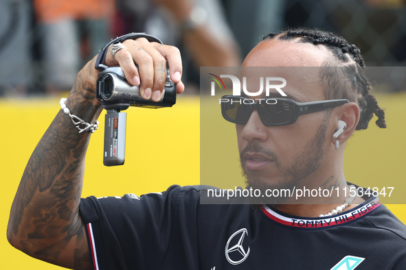 Lewis Hamilton of Mercedes before the Formula 1 Italian Grand Prix at Autodromo Nazionale di Monza in Monza, Italy on September 1, 2024. 