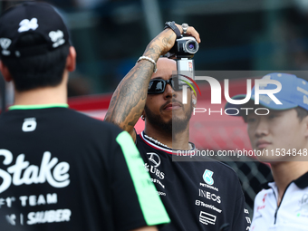 Lewis Hamilton of Mercedes before the Formula 1 Italian Grand Prix at Autodromo Nazionale di Monza in Monza, Italy on September 1, 2024. (