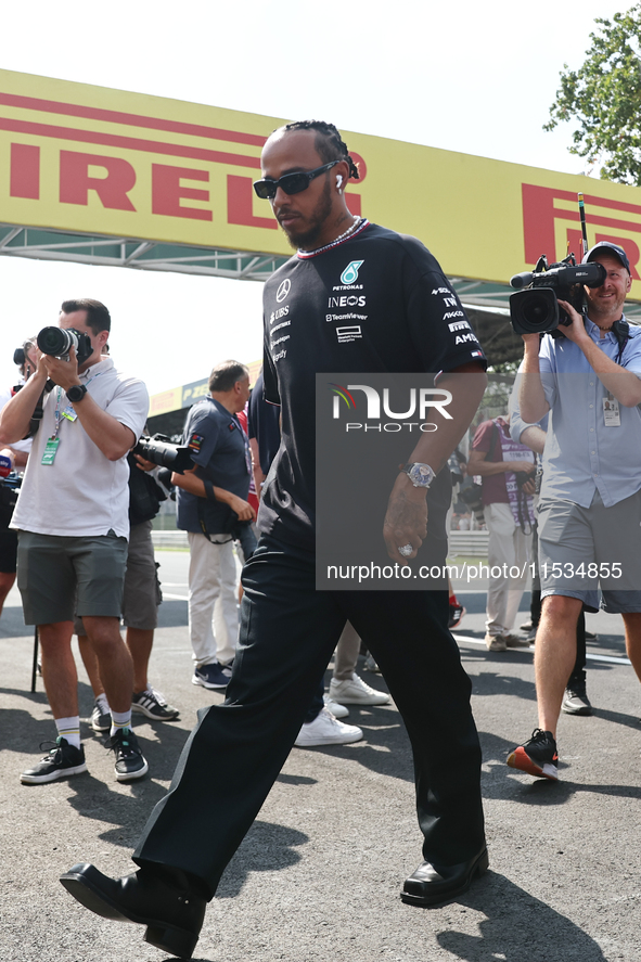 Lewis Hamilton of Mercedes before the Formula 1 Italian Grand Prix at Autodromo Nazionale di Monza in Monza, Italy on September 1, 2024. 