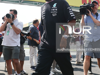 Lewis Hamilton of Mercedes before the Formula 1 Italian Grand Prix at Autodromo Nazionale di Monza in Monza, Italy on September 1, 2024. (