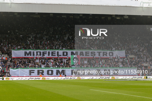 Newcastle United's fans display a banner for Sandro Tonali during the Premier League match between Newcastle United and Tottenham Hotspur at...