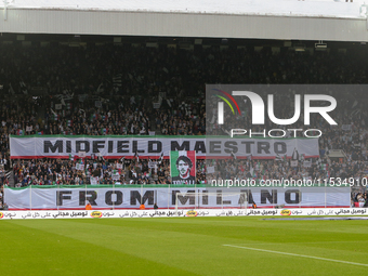 Newcastle United's fans display a banner for Sandro Tonali during the Premier League match between Newcastle United and Tottenham Hotspur at...