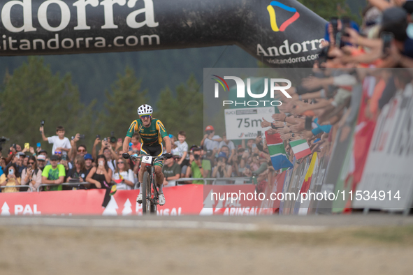 Alan Hatherly of South Africa crosses the finish line in the UCI Mountain Bike World Championships Men Under 23 Race in Pal Arinsal, Andorra...