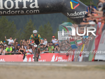 Alan Hatherly of South Africa crosses the finish line in the UCI Mountain Bike World Championships Men Under 23 Race in Pal Arinsal, Andorra...