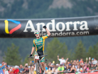 Alan Hatherly of South Africa crosses the finish line in the UCI Mountain Bike World Championships Men Under 23 Race in Pal Arinsal, Andorra...