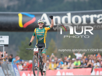 Alan Hatherly of South Africa crosses the finish line in the UCI Mountain Bike World Championships Men Under 23 Race in Pal Arinsal, Andorra...