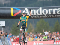 Alan Hatherly of South Africa crosses the finish line in the UCI Mountain Bike World Championships Men Under 23 Race in Pal Arinsal, Andorra...