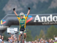 Alan Hatherly of South Africa crosses the finish line in the UCI Mountain Bike World Championships Men Under 23 Race in Pal Arinsal, Andorra...