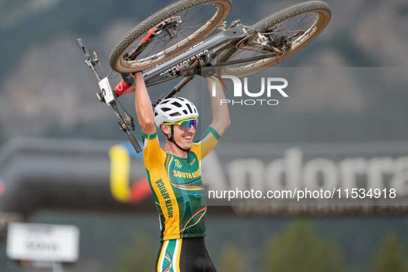 Alan Hatherly of South Africa crosses the finish line in the UCI Mountain Bike World Championships Men Under 23 Race in Pal Arinsal, Andorra...