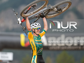 Alan Hatherly of South Africa crosses the finish line in the UCI Mountain Bike World Championships Men Under 23 Race in Pal Arinsal, Andorra...