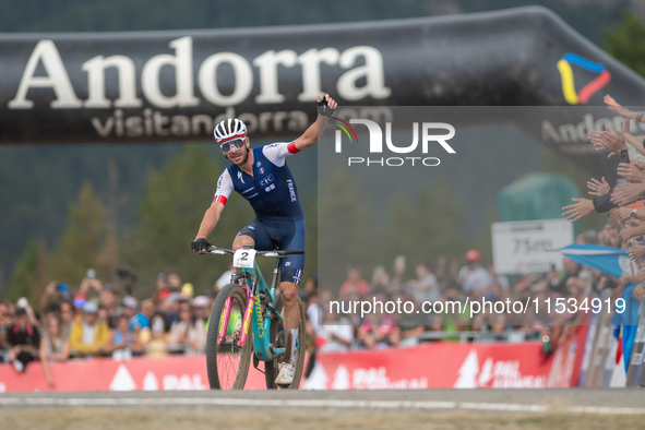 Victor Koretzky of France crosses the finish line in the UCI Mountain Bike World Championships Men Under 23 Race in Pal Arinsal, Andorra, on...