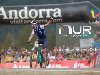 Victor Koretzky of France crosses the finish line in the UCI Mountain Bike World Championships Men Under 23 Race in Pal Arinsal, Andorra, on...