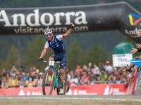 Victor Koretzky of France crosses the finish line in the UCI Mountain Bike World Championships Men Under 23 Race in Pal Arinsal, Andorra, on...