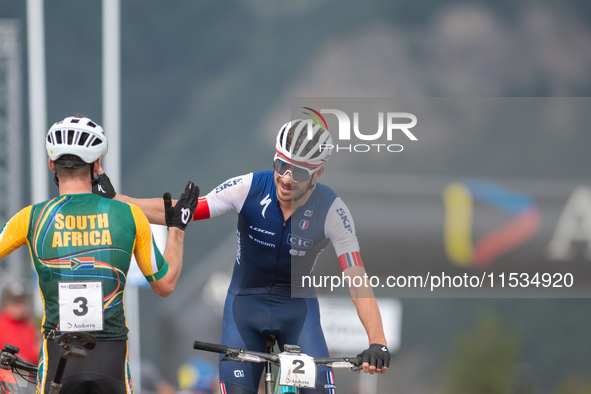 Victor Koretzky of France crosses the finish line in the UCI Mountain Bike World Championships Men Under 23 Race in Pal Arinsal, Andorra, on...