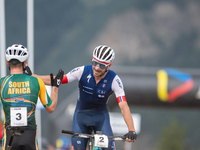 Victor Koretzky of France crosses the finish line in the UCI Mountain Bike World Championships Men Under 23 Race in Pal Arinsal, Andorra, on...