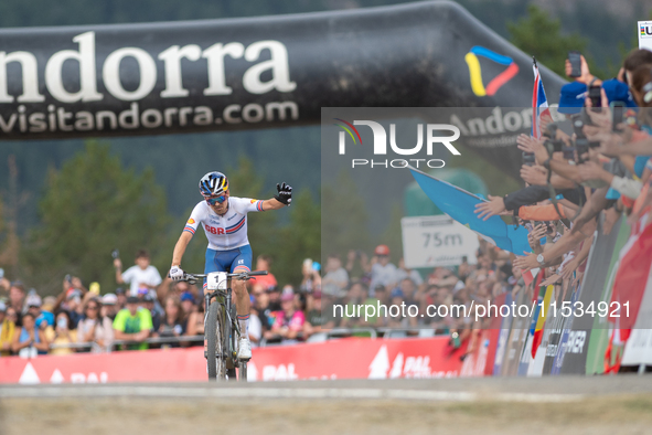 Thomas Pidcock of Great Britain finishes in the UCI Mountain Bike World Championships Men in Pal Arinsal, Andorra, on September 1, 2024. 