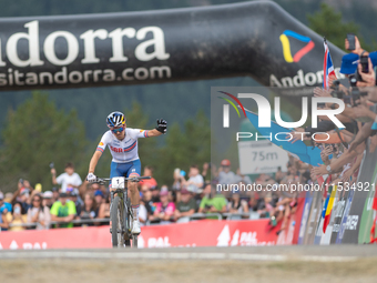 Thomas Pidcock of Great Britain finishes in the UCI Mountain Bike World Championships Men in Pal Arinsal, Andorra, on September 1, 2024. (