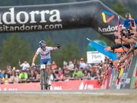 Thomas Pidcock of Great Britain finishes in the UCI Mountain Bike World Championships Men in Pal Arinsal, Andorra, on September 1, 2024. (