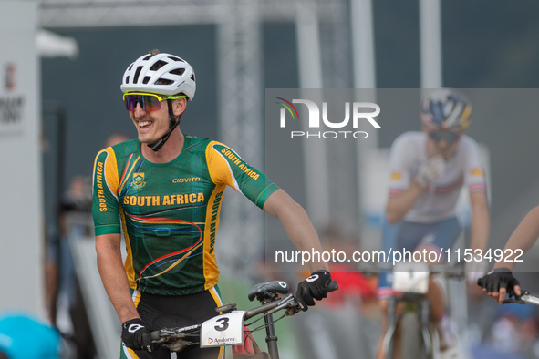 Alan Hatherly of South Africa crosses the finish line in the UCI Mountain Bike World Championships Men Under 23 Race in Pal Arinsal, Andorra...