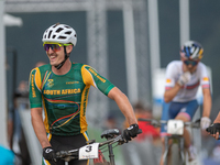 Alan Hatherly of South Africa crosses the finish line in the UCI Mountain Bike World Championships Men Under 23 Race in Pal Arinsal, Andorra...