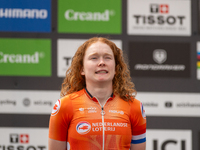 Puck Pieterse of the Netherlands stands on the podium at the UCI Mountain Bike World Championships Women in Pal Arinsal, Andorra, on Septemb...