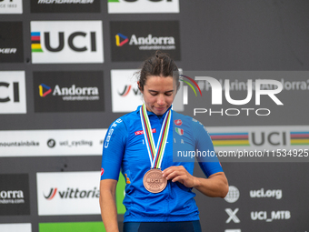 Martina Berta of Italy stands on the podium at the UCI Mountain Bike World Championships Women in Pal Arinsal, Andorra, on September 1, 2024...