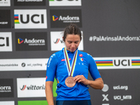 Martina Berta of Italy stands on the podium at the UCI Mountain Bike World Championships Women in Pal Arinsal, Andorra, on September 1, 2024...