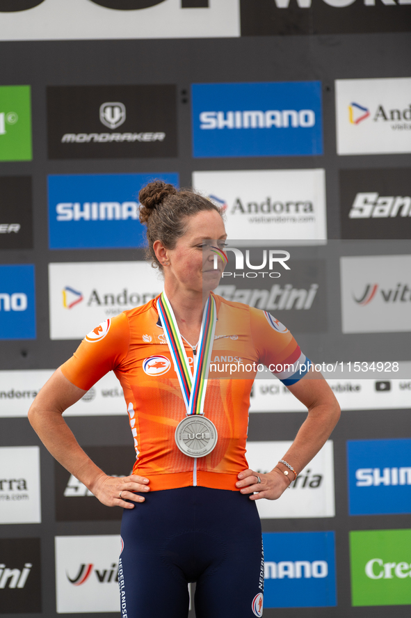 Anna Terpstra of the Netherlands stands on the podium at the UCI Mountain Bike World Championships Women in Pal Arinsal, Andorra, on Septemb...