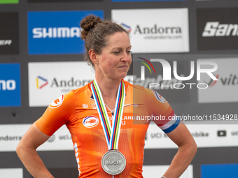 Anna Terpstra of the Netherlands stands on the podium at the UCI Mountain Bike World Championships Women in Pal Arinsal, Andorra, on Septemb...