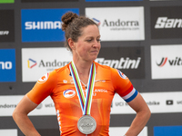 Anna Terpstra of the Netherlands stands on the podium at the UCI Mountain Bike World Championships Women in Pal Arinsal, Andorra, on Septemb...