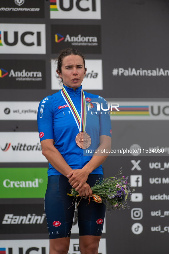 Martina Berta of Italy stands on the podium at the UCI Mountain Bike World Championships Women in Pal Arinsal, Andorra, on September 1, 2024...