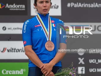 Martina Berta of Italy stands on the podium at the UCI Mountain Bike World Championships Women in Pal Arinsal, Andorra, on September 1, 2024...