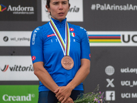 Martina Berta of Italy stands on the podium at the UCI Mountain Bike World Championships Women in Pal Arinsal, Andorra, on September 1, 2024...