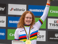 Puck Pieterse of the Netherlands stands on the podium at the UCI Mountain Bike World Championships Women in Pal Arinsal, Andorra, on Septemb...