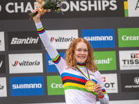 Puck Pieterse of the Netherlands stands on the podium at the UCI Mountain Bike World Championships Women in Pal Arinsal, Andorra, on Septemb...