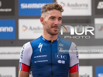 Victor Koretzky of France stands on the podium at the UCI Mountain Bike World Championships Men Under 23 Race in Pal Arinsal, Andorra, on Se...