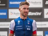 Victor Koretzky of France stands on the podium at the UCI Mountain Bike World Championships Men Under 23 Race in Pal Arinsal, Andorra, on Se...