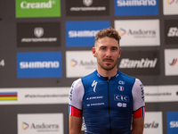 Victor Koretzky of France stands on the podium at the UCI Mountain Bike World Championships Men Under 23 Race in Pal Arinsal, Andorra, on Se...