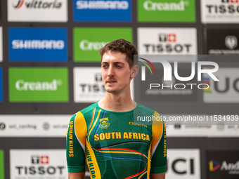 Alan Hatherly of South Africa stands on the podium at the UCI Mountain Bike World Championships Men Under 23 Race in Pal Arinsal, Andorra, o...